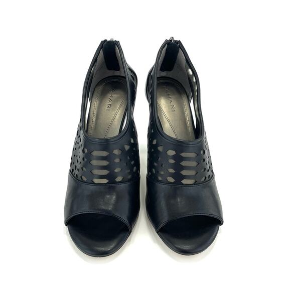 Tahari Lilith Black Stiletto Heels Sz 8.5 Open Toe Leather Laser Cut-Out Accent - Picture 4 of 15